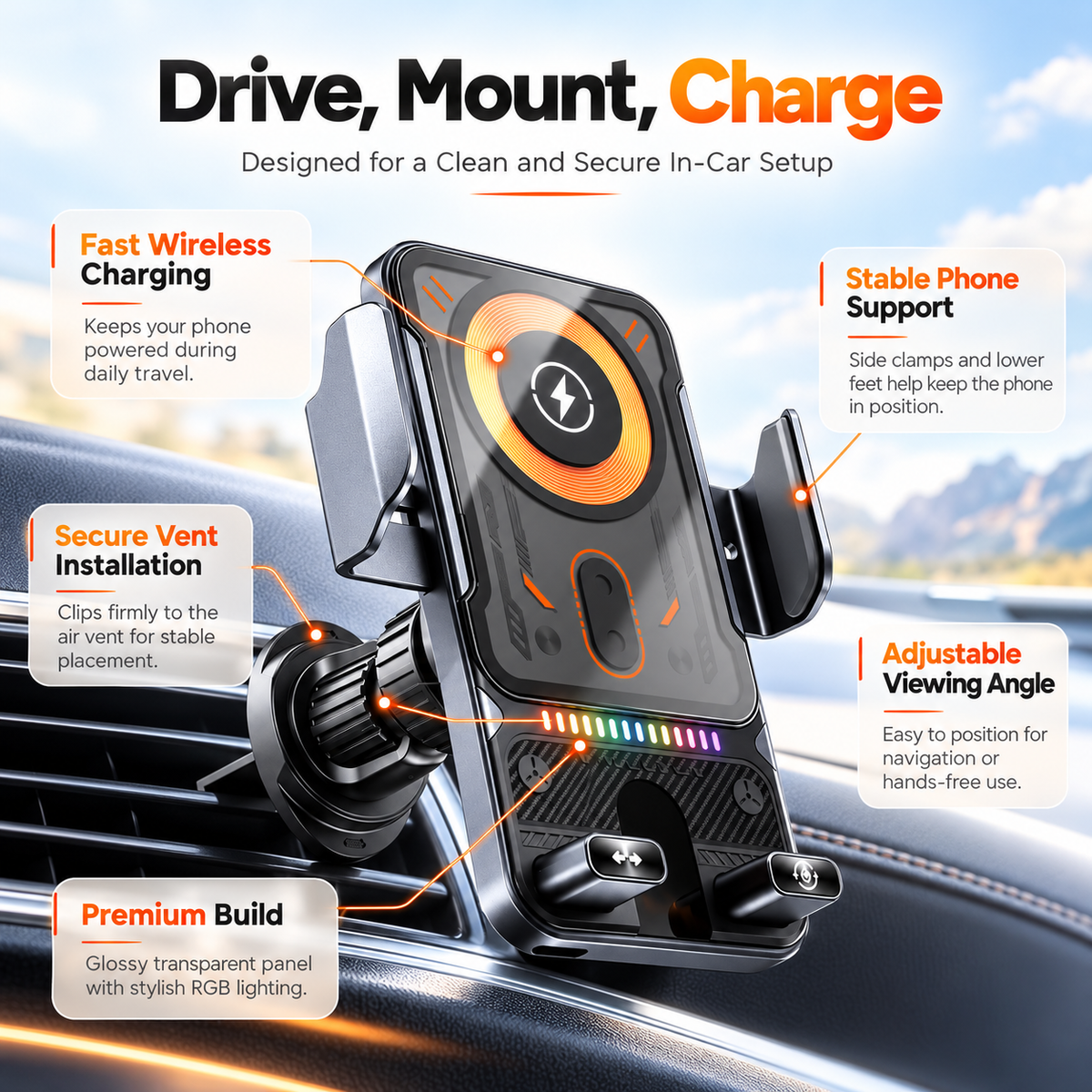 Magnetic Wireless Car Charger Mount 15W Air Vent Phone Holder RGB