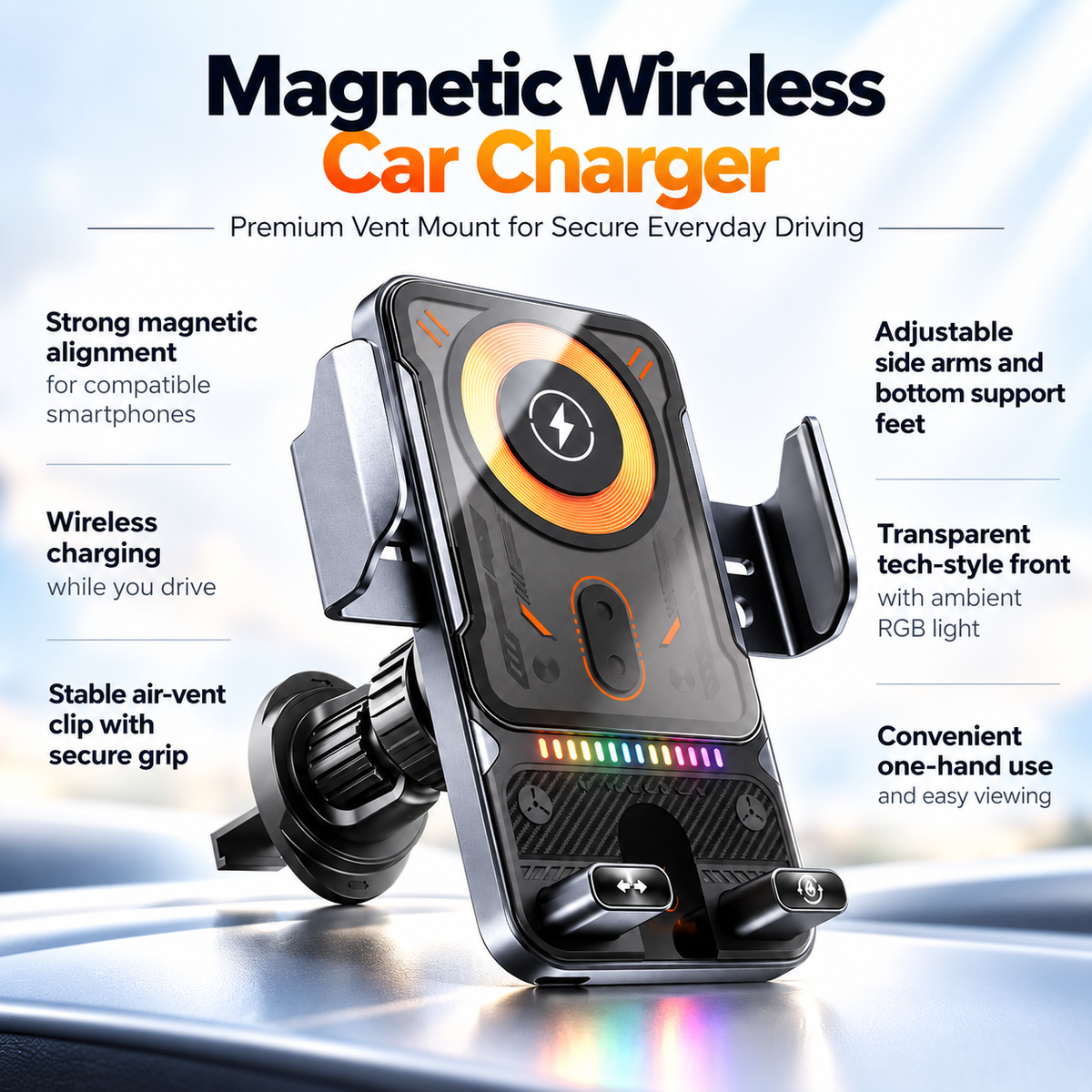 Magnetic Wireless Car Charger Mount 15W Air Vent Phone Holder RGB