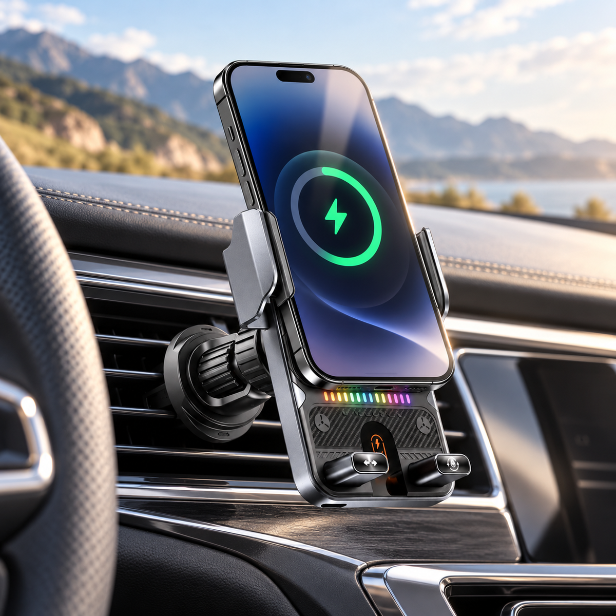 Magnetic Wireless Car Charger Mount 15W Air Vent Phone Holder RGB