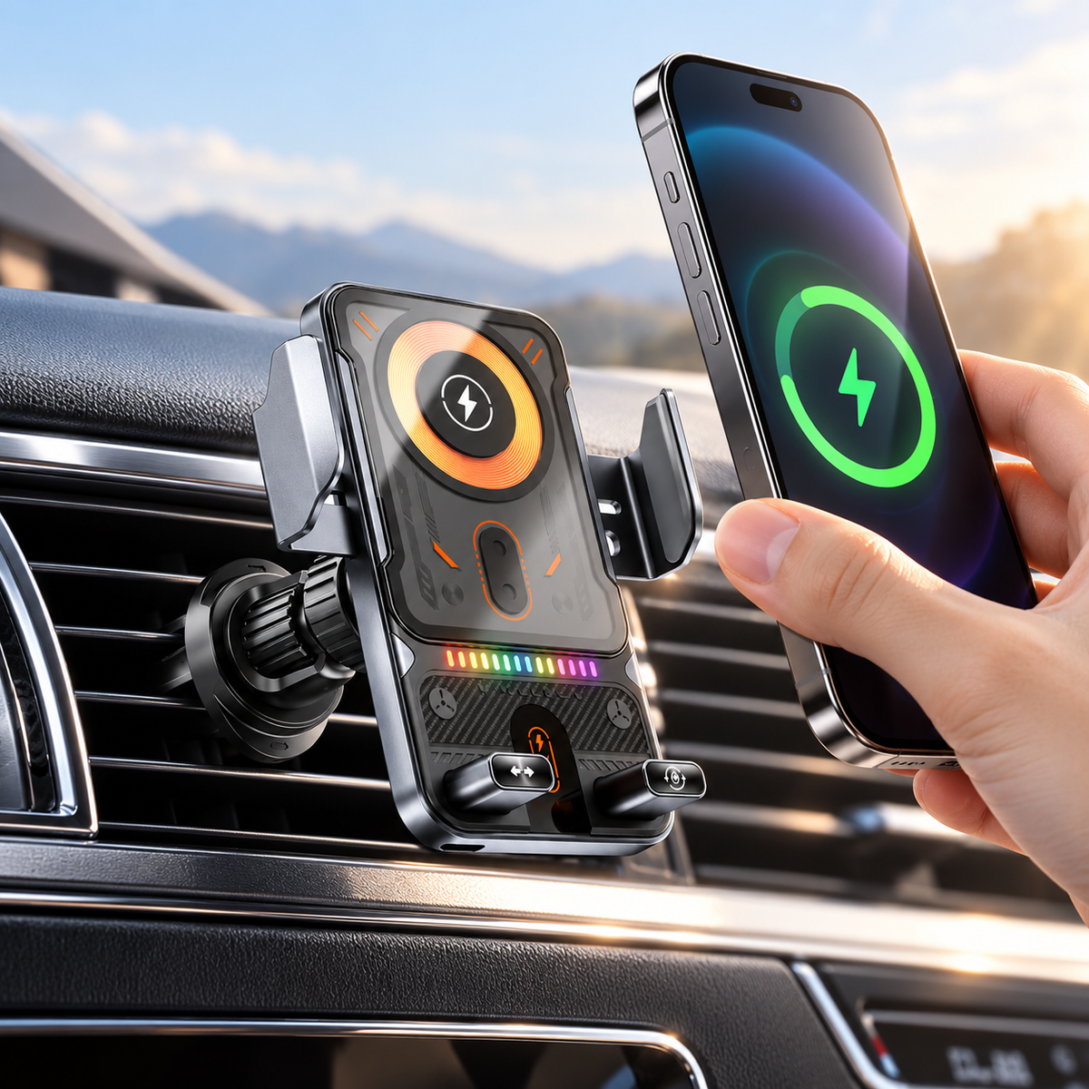 Magnetic Wireless Car Charger Mount 15W Air Vent Phone Holder RGB