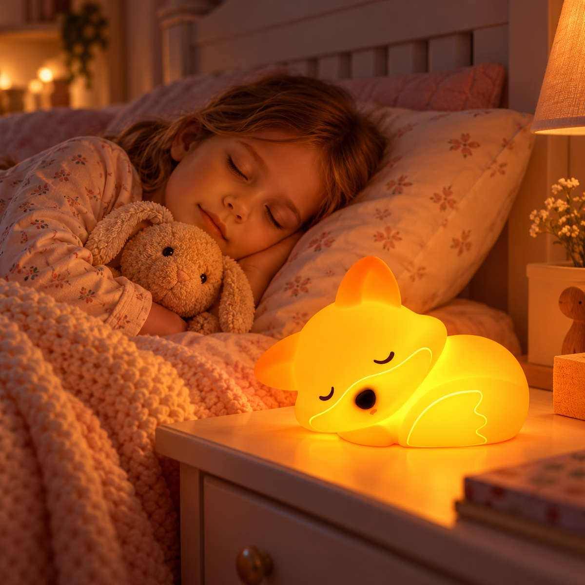 Sleeping Fox Night Light Rechargeable Silicone Lamp with Timer Kids