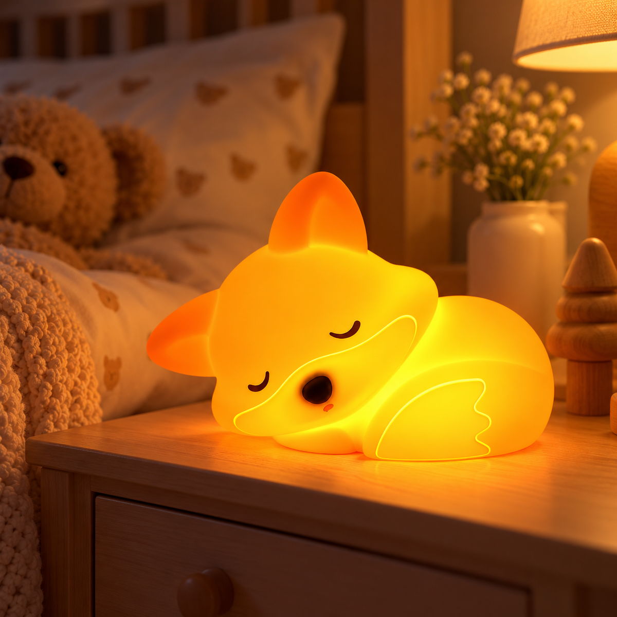 Sleeping Fox Night Light Rechargeable Silicone Lamp with Timer Kids
