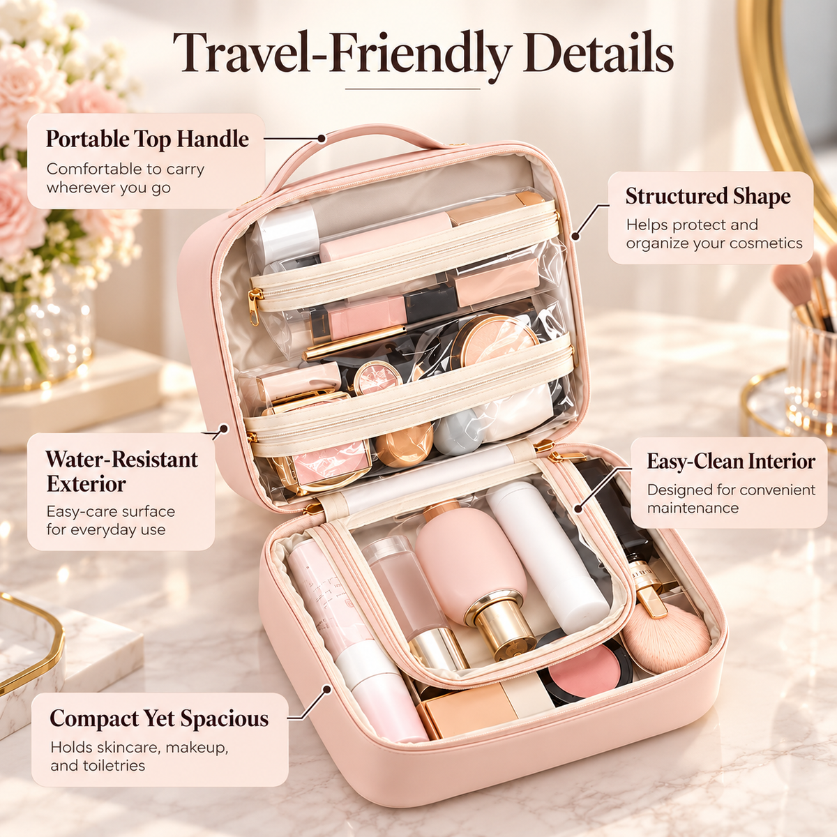Travel Cosmetic Bag Large Makeup Organizer Case with Brush Holder