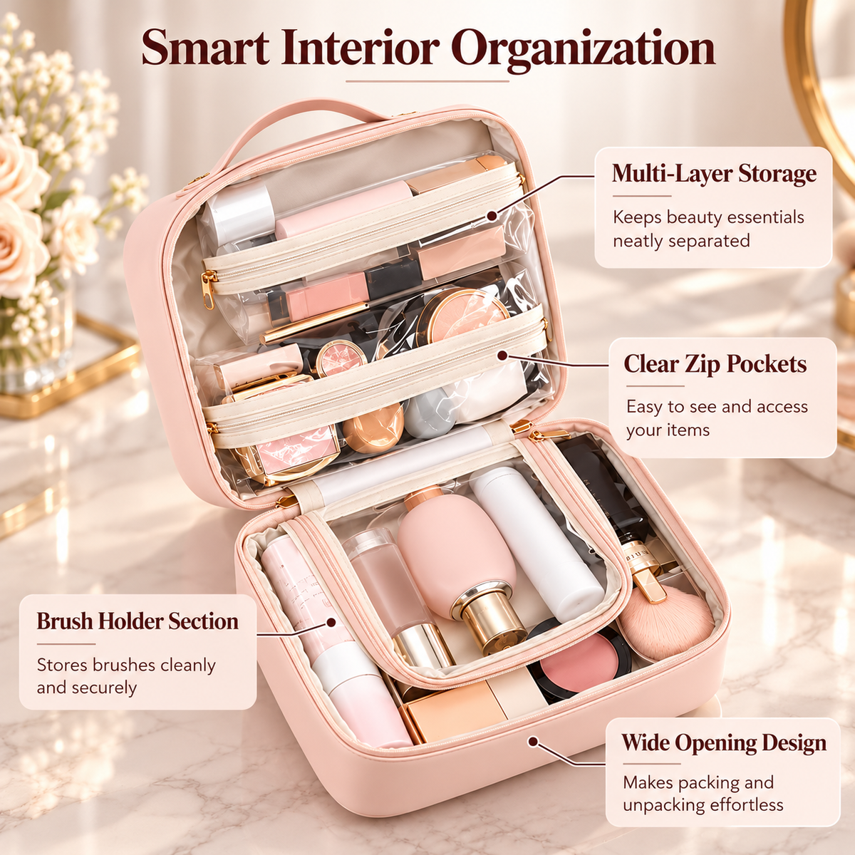 Travel Cosmetic Bag Large Makeup Organizer Case with Brush Holder