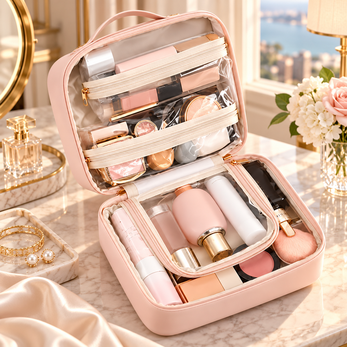 Travel Cosmetic Bag Large Makeup Organizer Case with Brush Holder