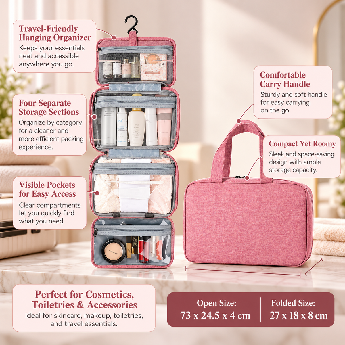 Hanging Toiletry Bag Travel Organizer with Hook Clear Compartments