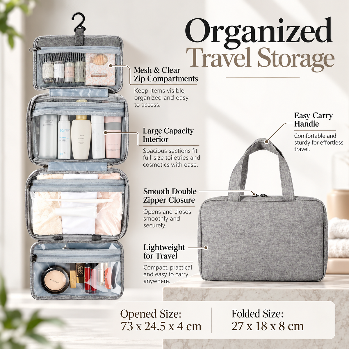 Hanging Toiletry Bag Travel Organizer with Hook Clear Compartments