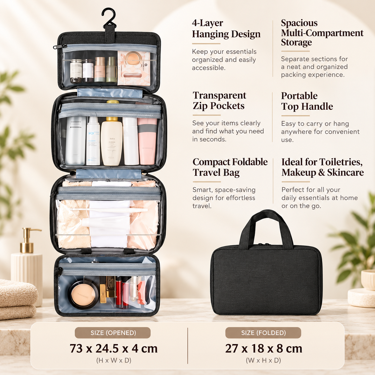 Hanging Toiletry Bag Travel Organizer with Hook Clear Compartments