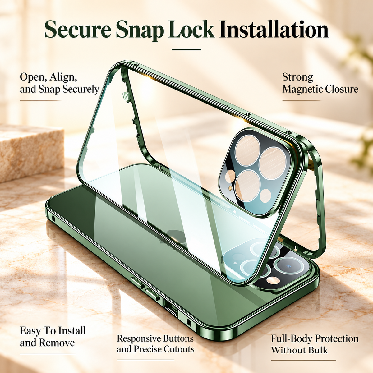 Magnetic iPhone Case Metal Frame Tempered Glass Clear Back Cover