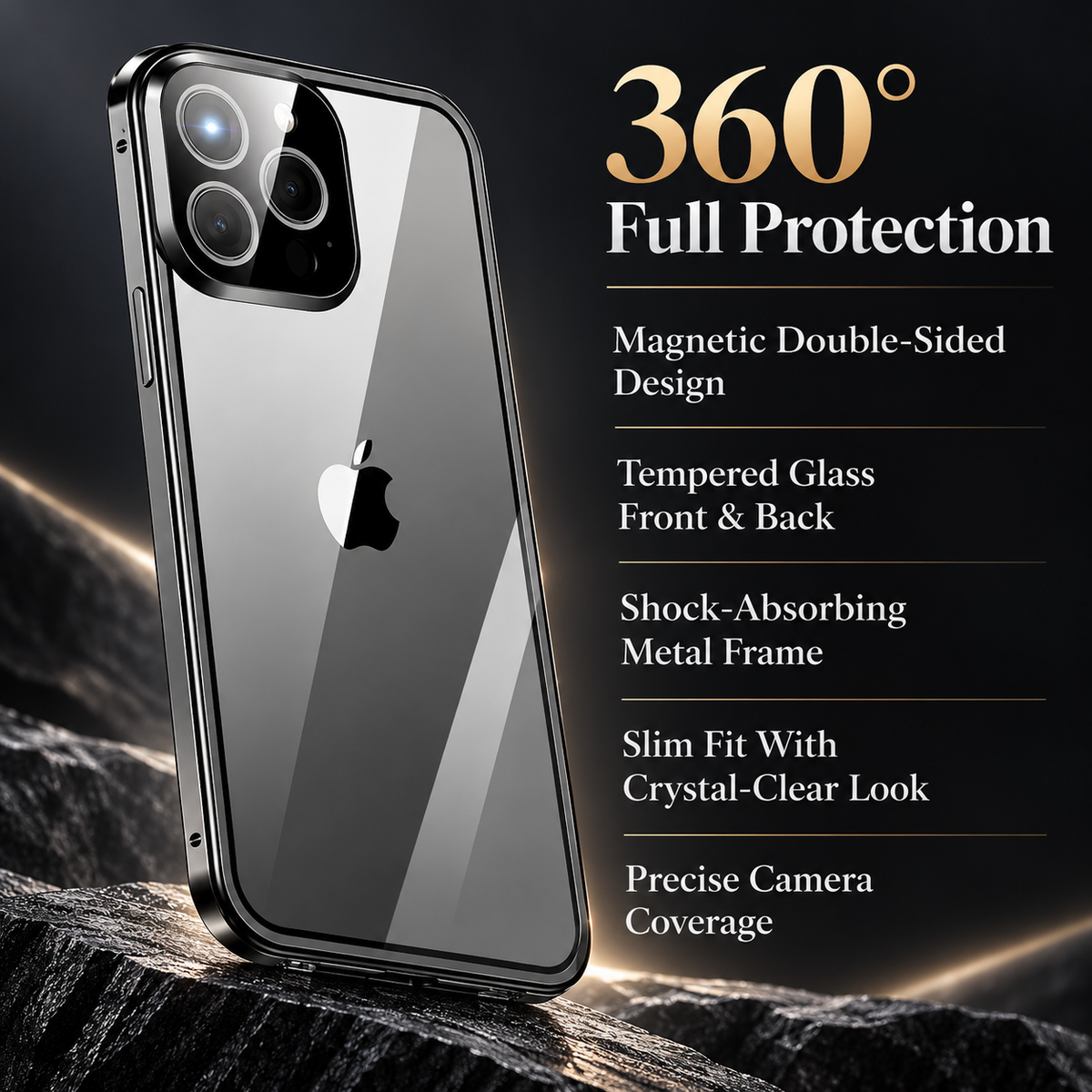 Magnetic iPhone Case Metal Frame Tempered Glass Clear Back Cover