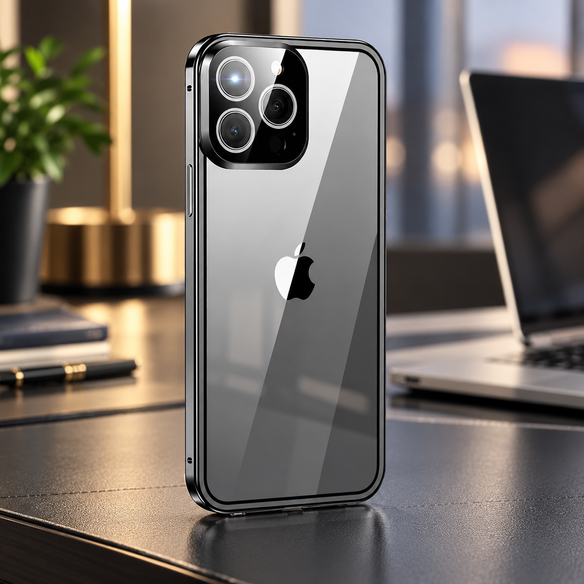 Magnetic iPhone Case Metal Frame Tempered Glass Clear Back Cover