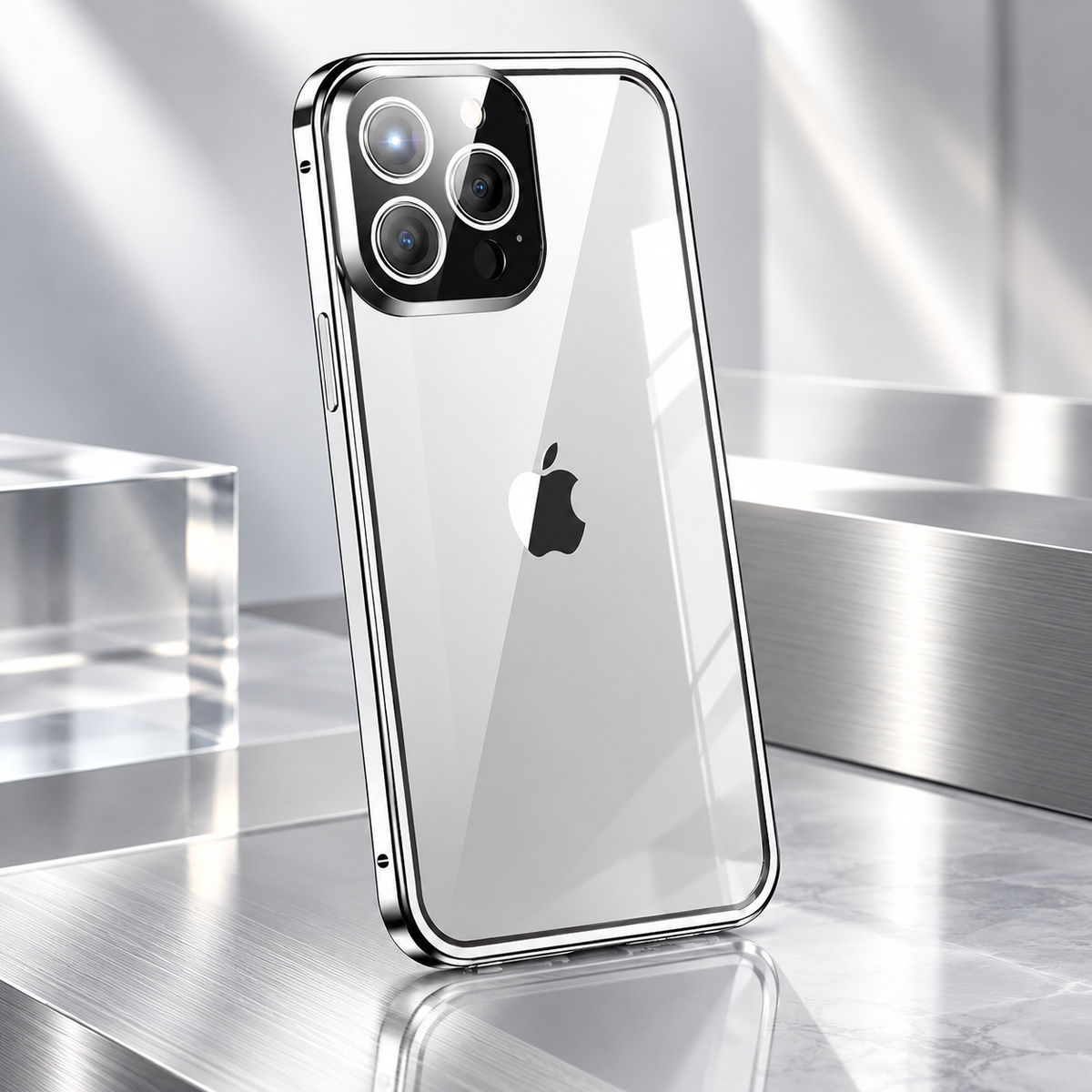 Magnetic iPhone Case Metal Frame Tempered Glass Clear Back Cover