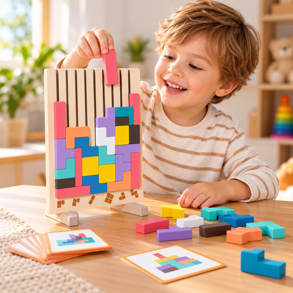Wooden Block Puzzle Board Colorful Stacking Shape Game for Kids