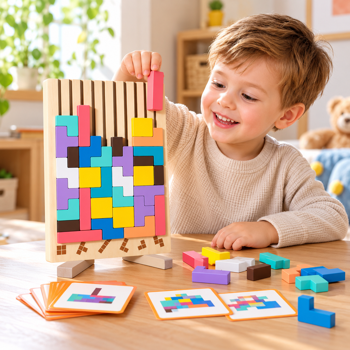 Wooden Block Puzzle Board Colorful Stacking Shape Game for Kids