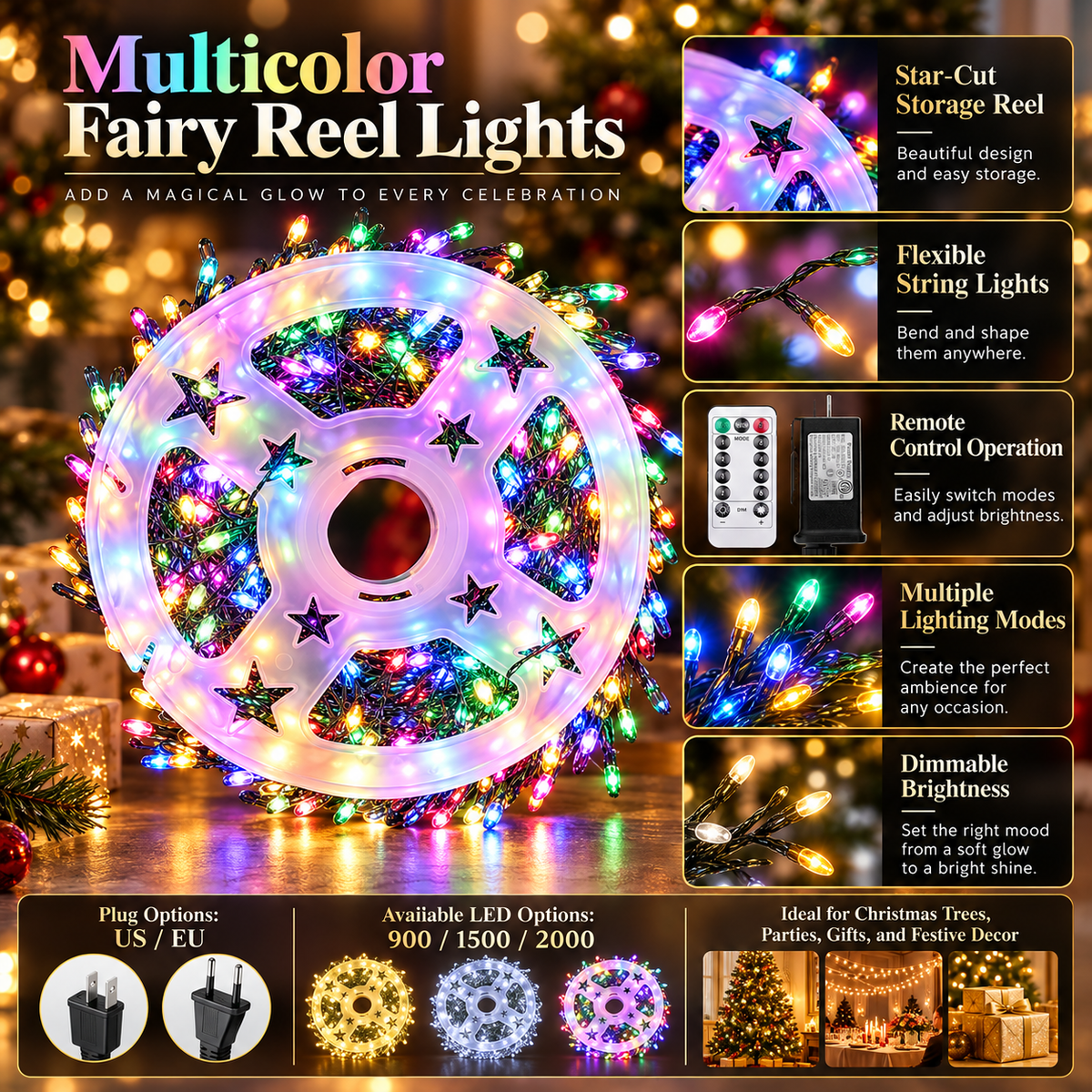 Cluster Fairy Lights with Remote 900 to 2000 LEDs IP65 Christmas Reel