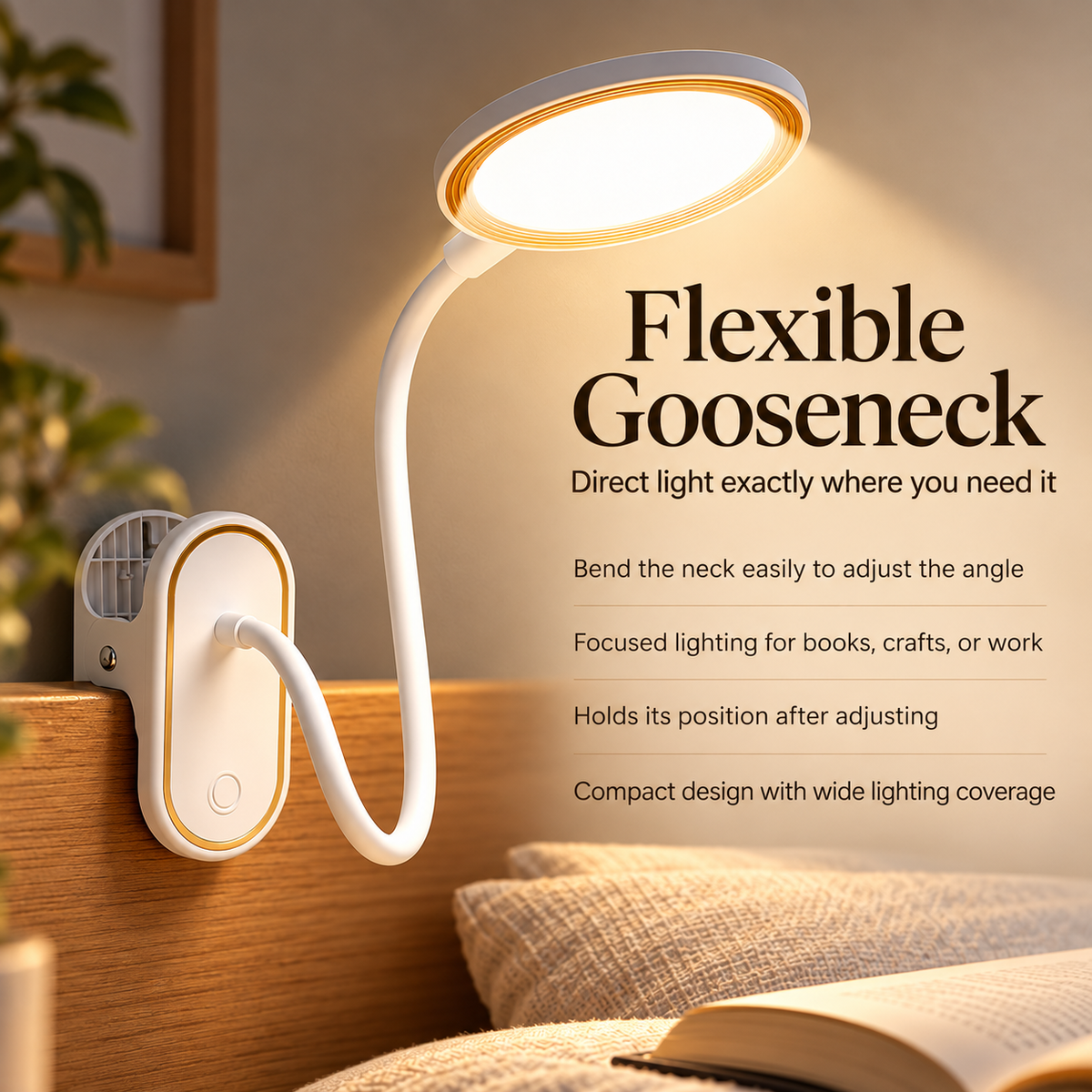 Clip On Reading Lamp Rechargeable Touch LED Gooseneck Bed Light