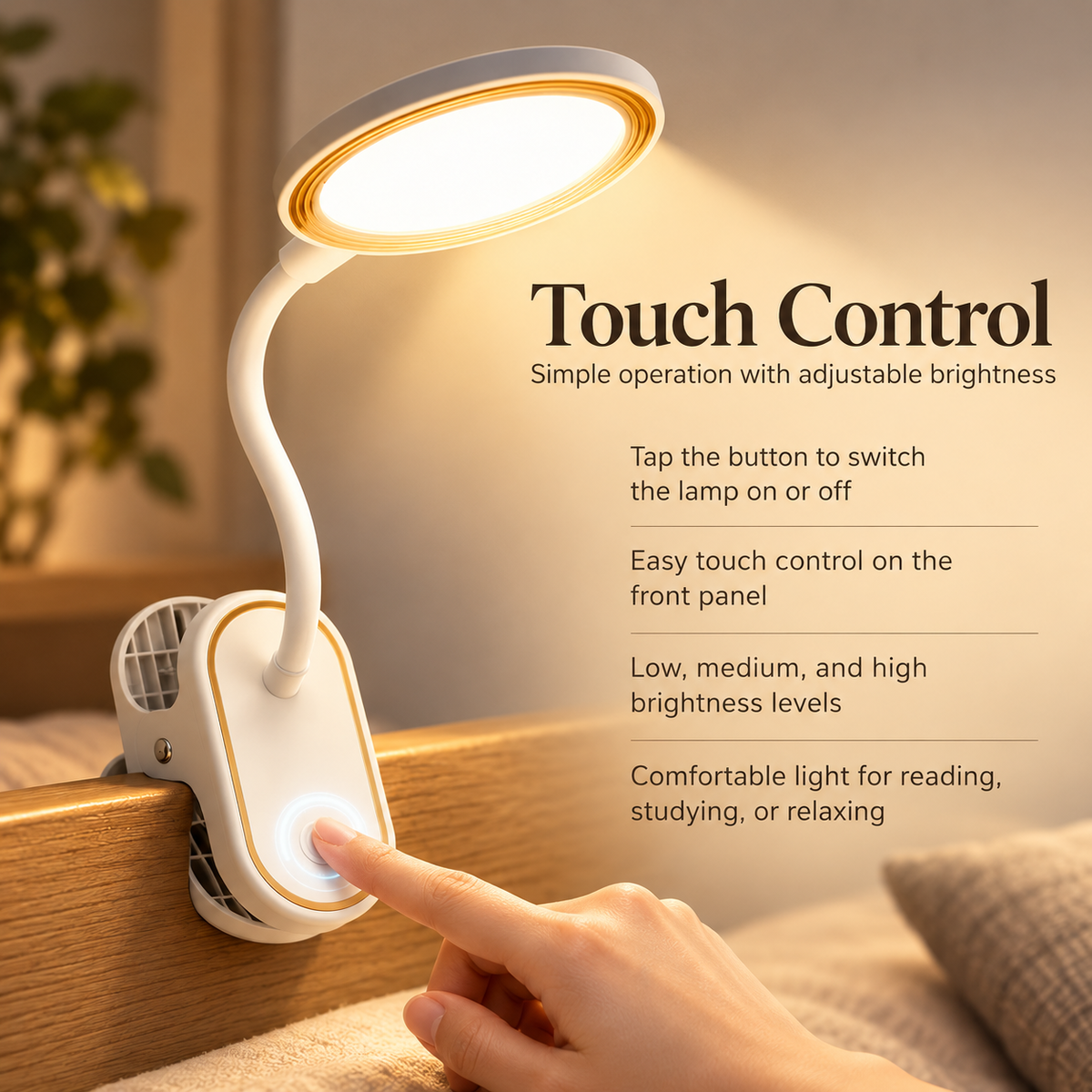Clip On Reading Lamp Rechargeable Touch LED Gooseneck Bed Light