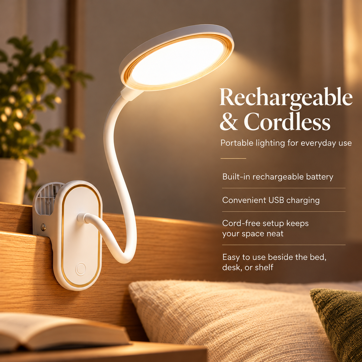 Clip On Reading Lamp Rechargeable Touch LED Gooseneck Bed Light