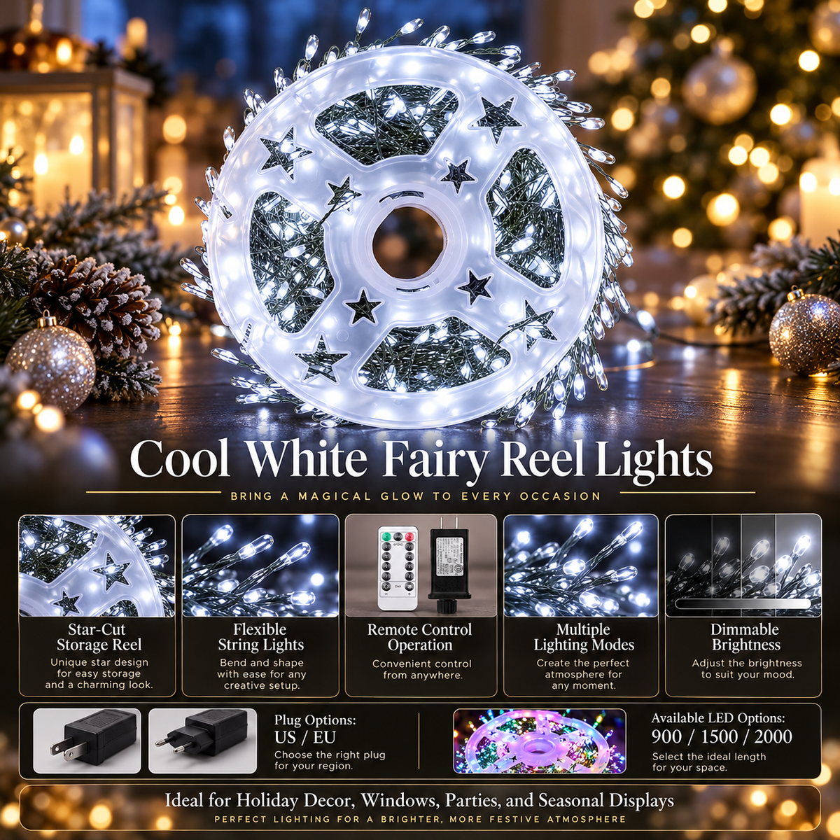 Cluster Fairy Lights with Remote 900 to 2000 LEDs IP65 Christmas Reel