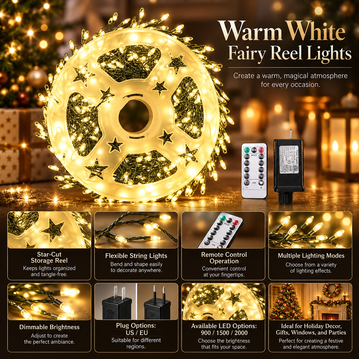 Cluster Fairy Lights with Remote 900 to 2000 LEDs IP65 Christmas Reel