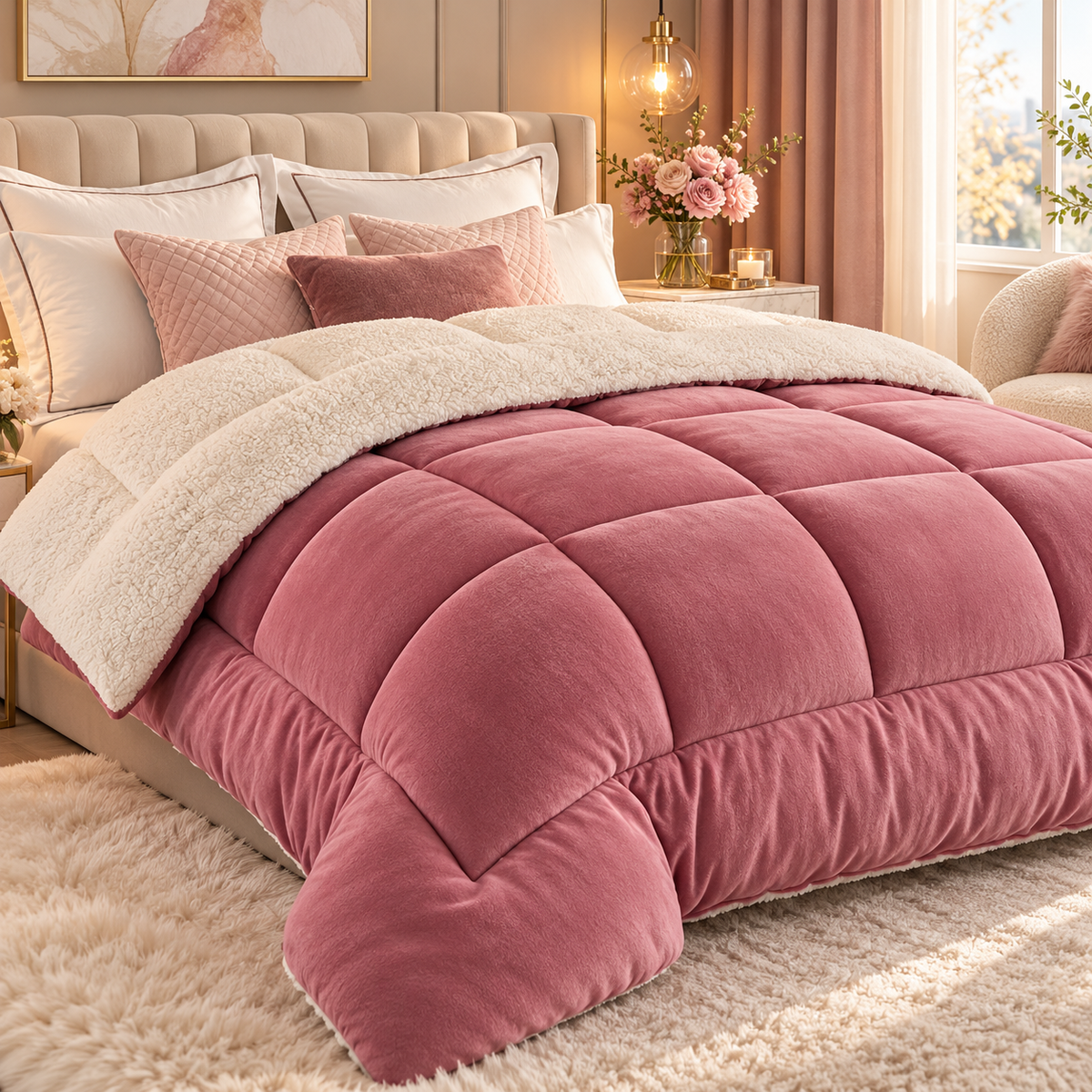 Sherpa Comforter Thick Plush Velvet Winter Duvet Quilted Warm Blanket