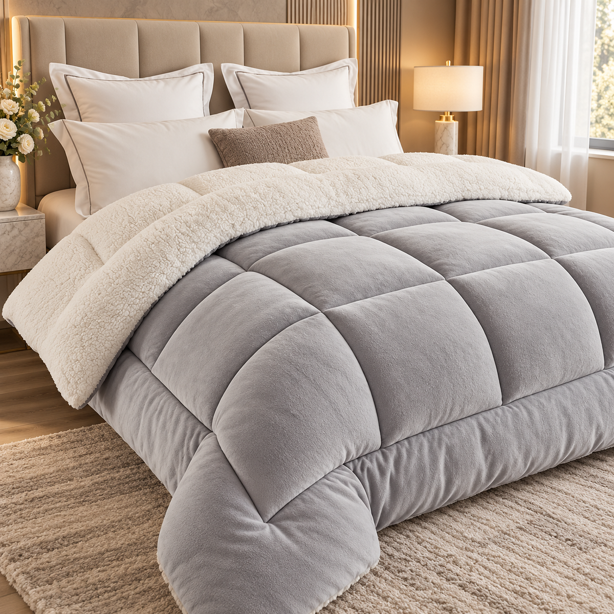 Sherpa Comforter Thick Plush Velvet Winter Duvet Quilted Warm Blanket