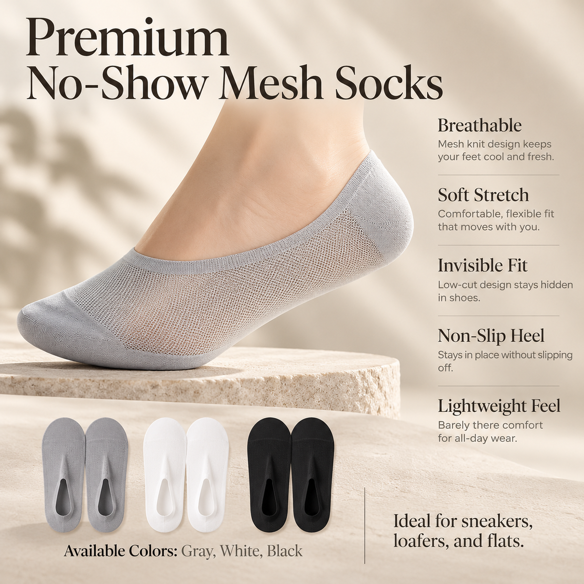 No Show Socks 6 Pairs Invisible Low Cut Socks with Silicone Grip