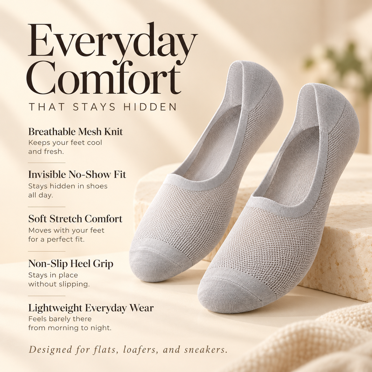 No Show Socks 6 Pairs Invisible Low Cut Socks with Silicone Grip