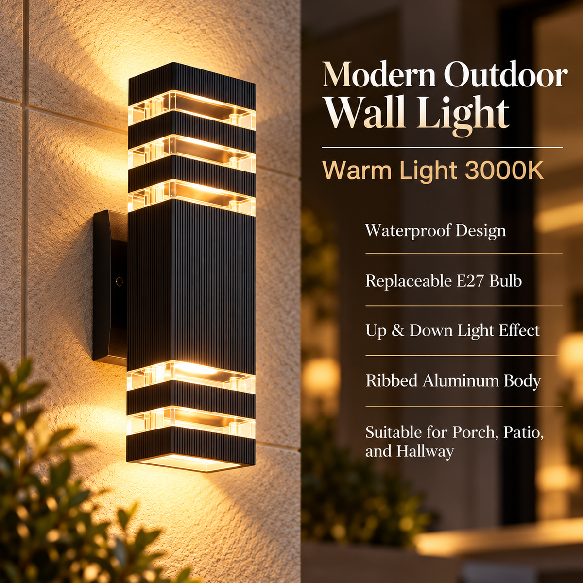 Outdoor Wall Light Up Down Modern Black Sconce E27 IP65 Porch Lamp