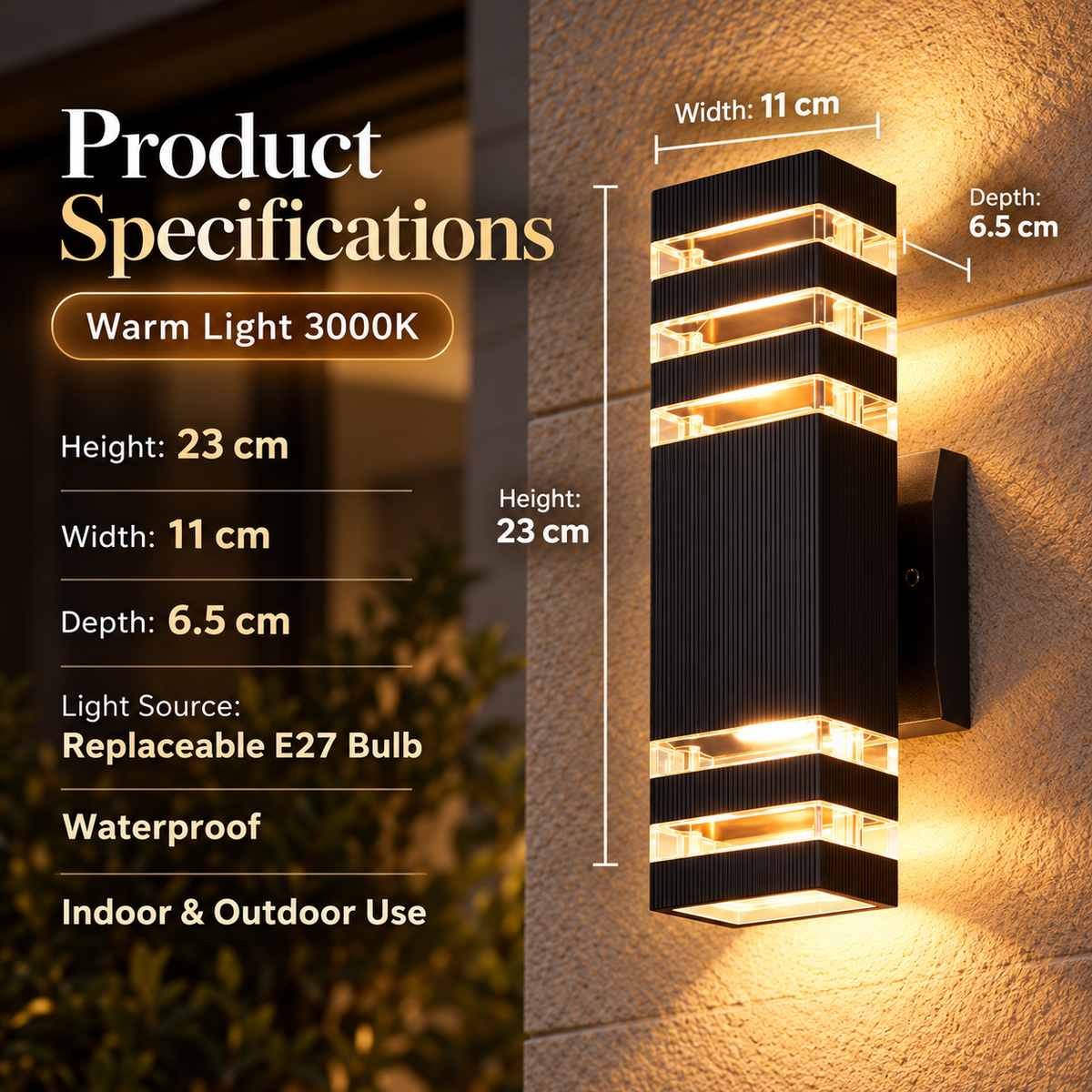 Outdoor Wall Light Up Down Modern Black Sconce E27 IP65 Porch Lamp