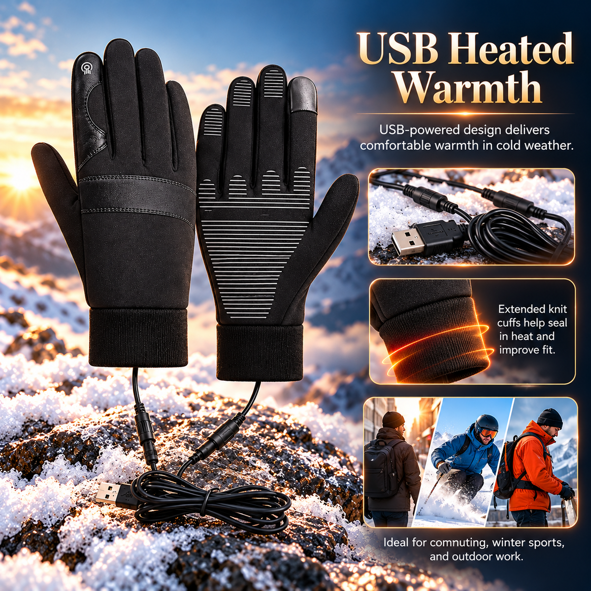 USB Heated Gloves Touchscreen Water Repellent Winter Gloves Men Women