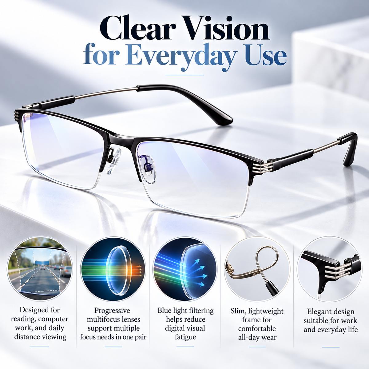 Progressive Reading Glasses Auto Focus Blue Light Filter Multifocus