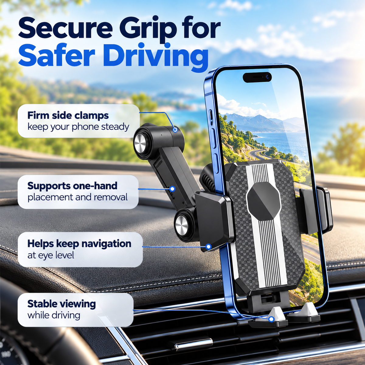 Car Phone Holder Suction Cup Mount 360 Rotation One Hand Dashboard