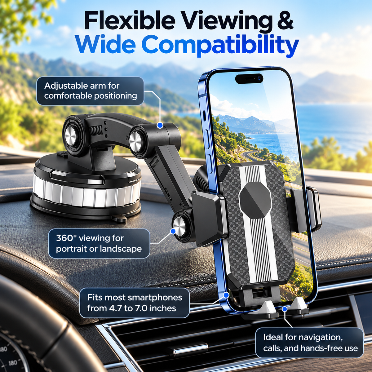 Car Phone Holder Suction Cup Mount 360 Rotation One Hand Dashboard