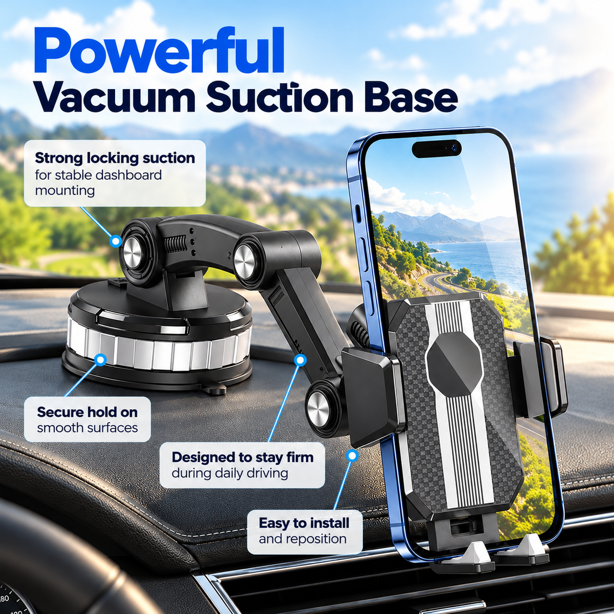 Car Phone Holder Suction Cup Mount 360 Rotation One Hand Dashboard