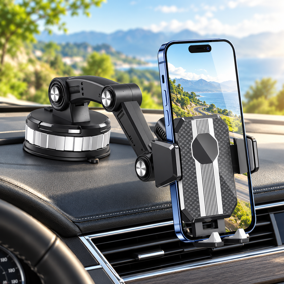 Car Phone Holder Suction Cup Mount 360 Rotation One Hand Dashboard