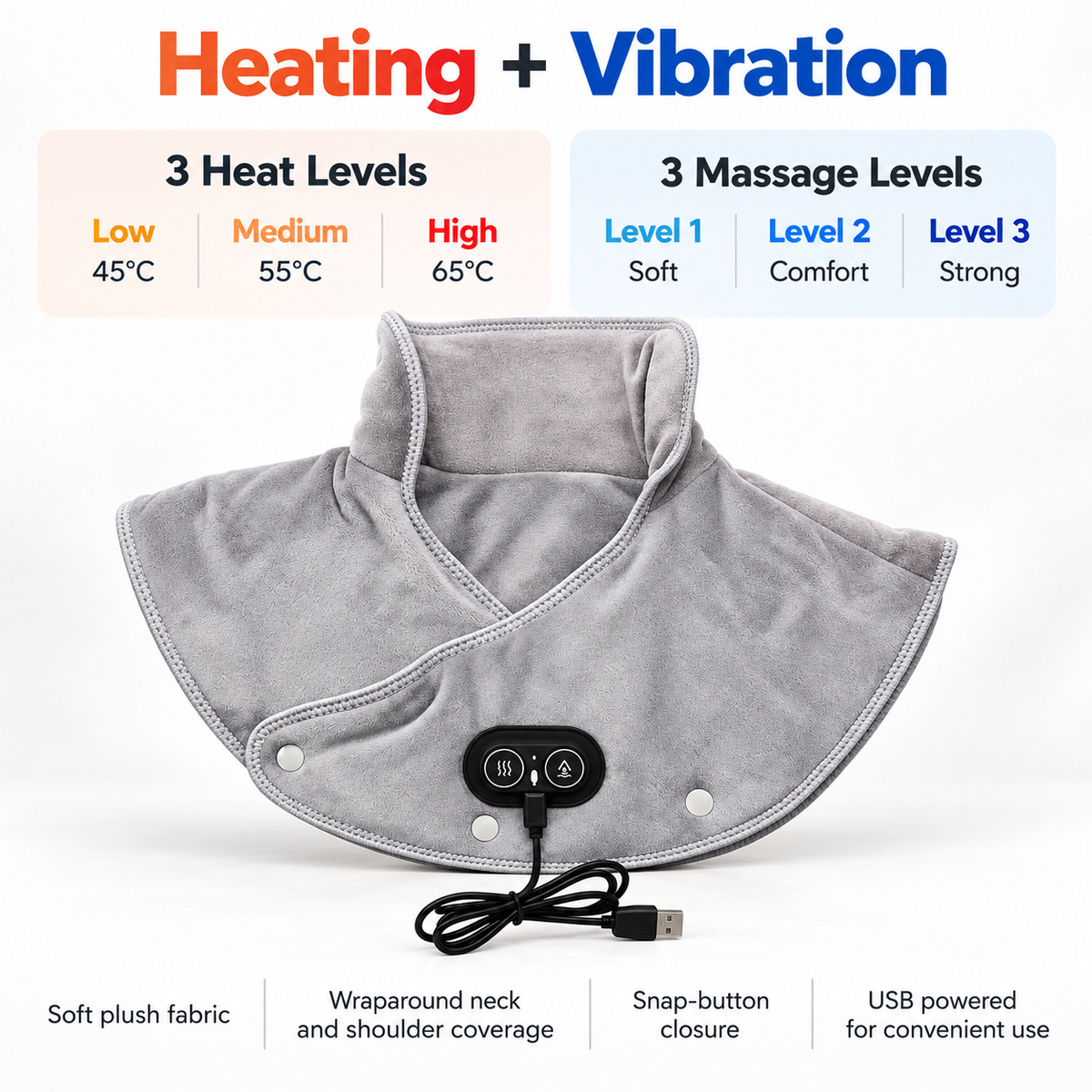 Heated Neck and Shoulder Massager USB Vibration Pad 3 Heat Timer