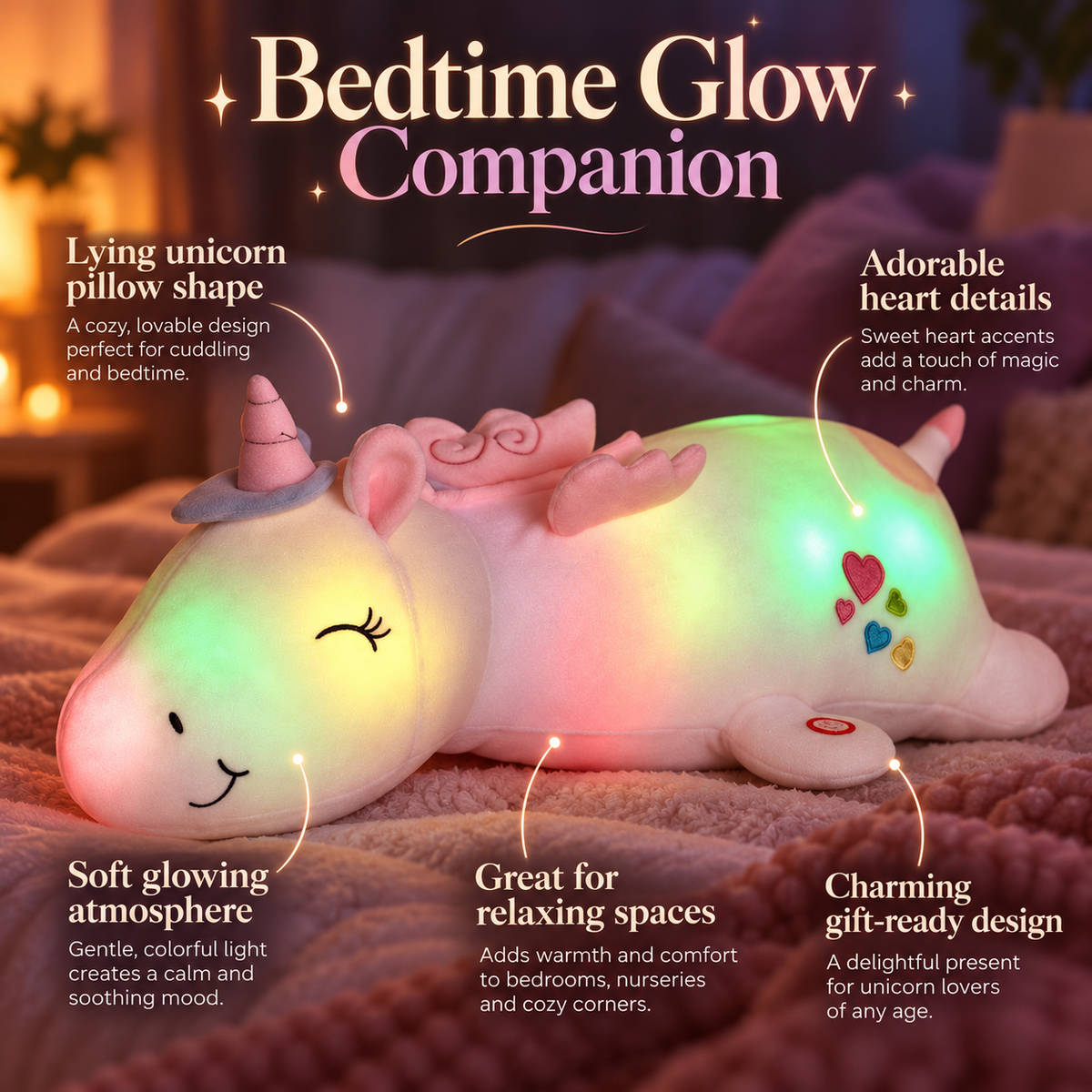 Light Up Unicorn Plush Toy Rainbow LED Cuddly Night Light for Kids
