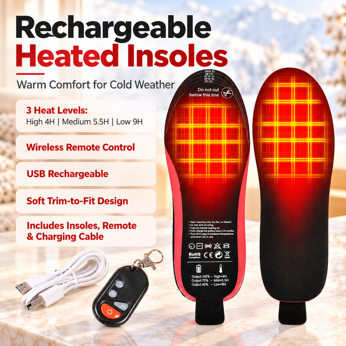 Rechargeable Heated Insoles Electric Foot Warmers Remote 3 Heat
