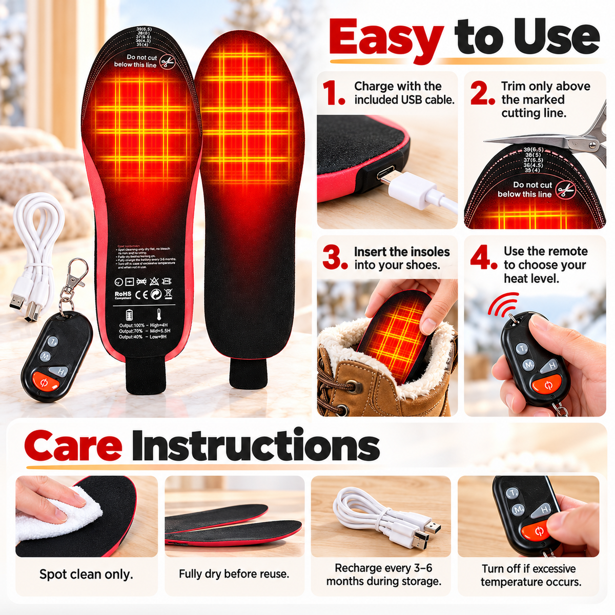 Rechargeable Heated Insoles Electric Foot Warmers Remote 3 Heat