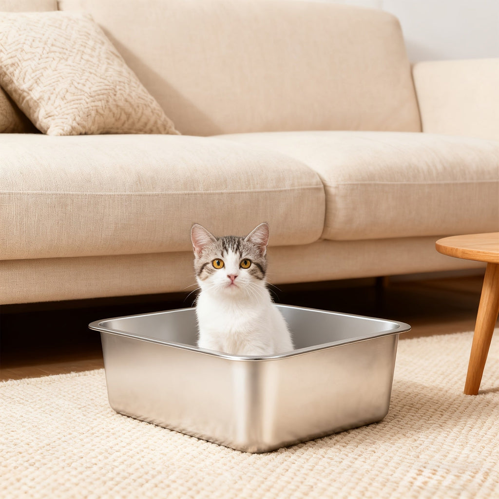 Stainless Steel Cat Litter Tray with Low Entry Large Rectangular Box